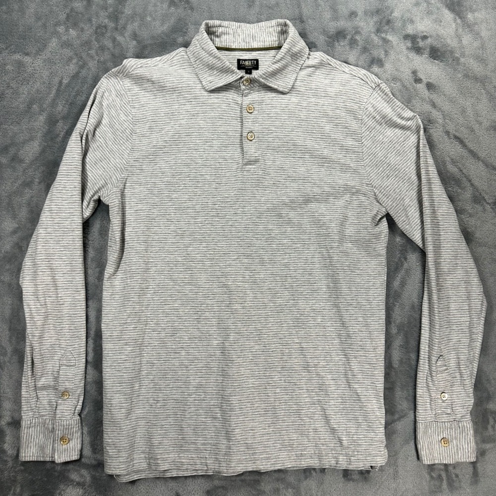 Faherty Reserve Mens Small Grey Striped Long Sleeve Polo Shirt MKF2224-GHS